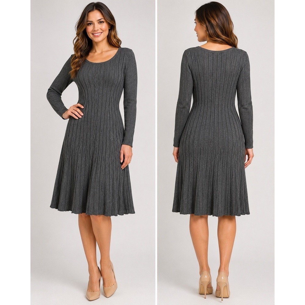 Jessica Howard Womens L Gray Rib Knit Sweater Dress Long Sleeve Fit Flare NWT